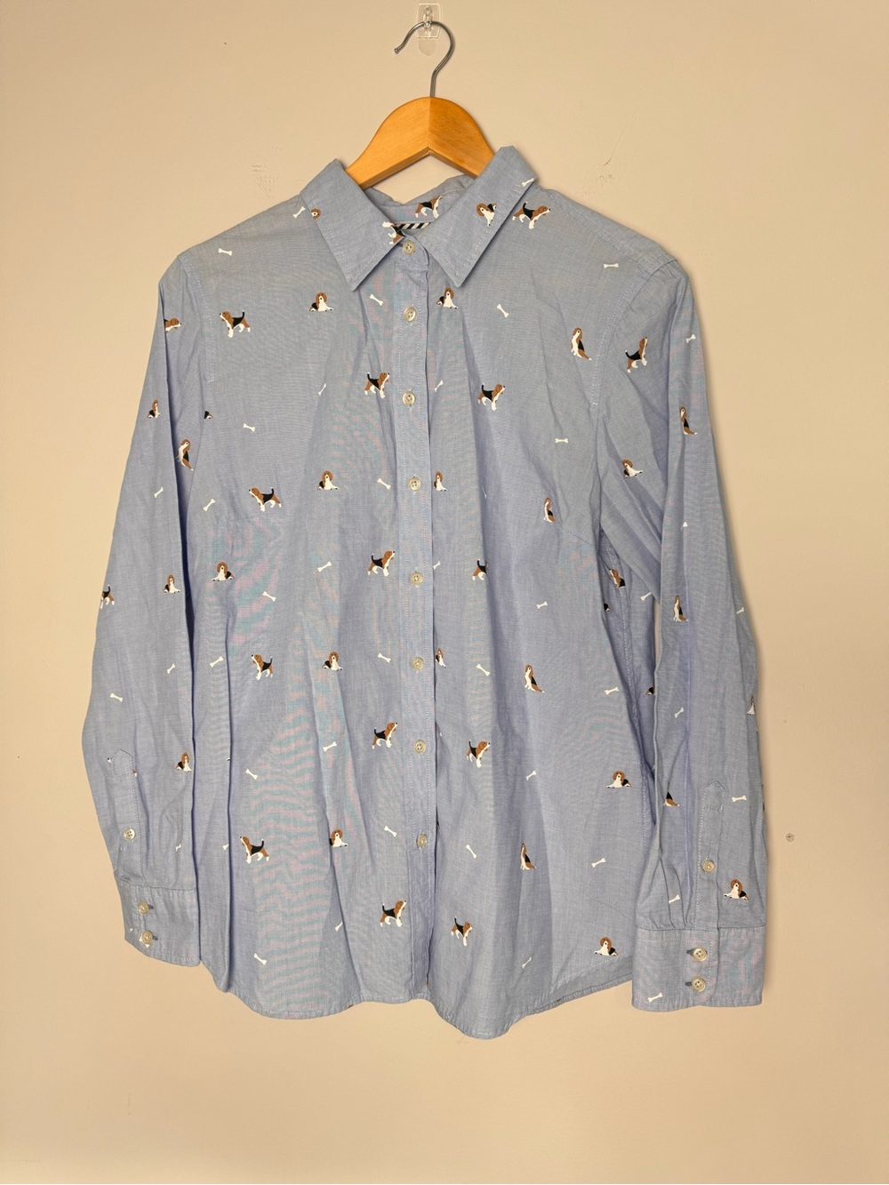Talbots Beagle Dog Print Button Down Shirt Top Size M Blue